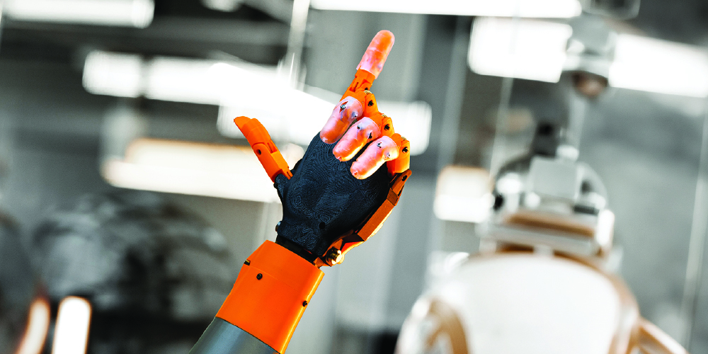 Robot hand makes classic go-pokes finger pistol pose