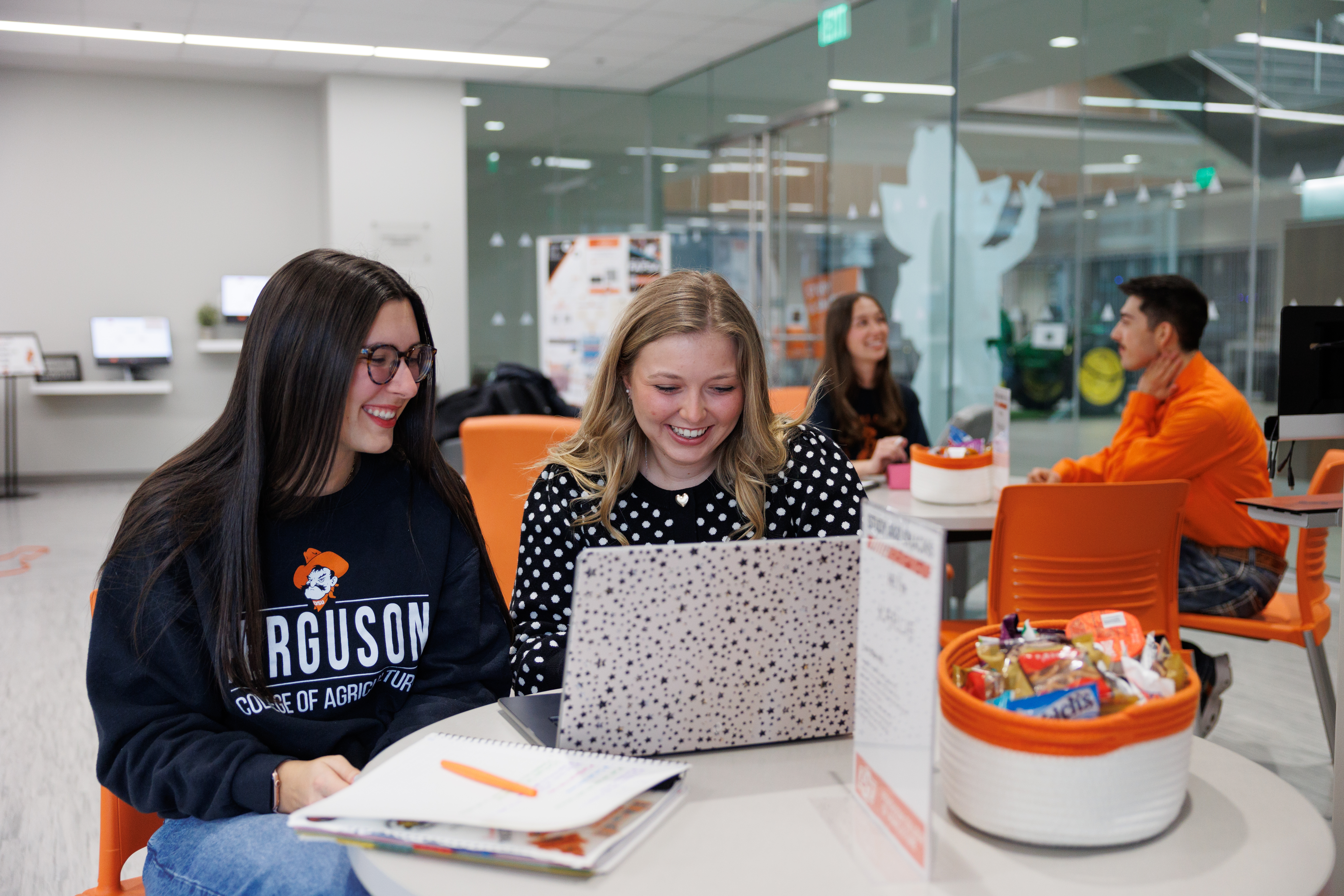 Two smiling students sit at a table studying together, one wearing a Ferguson College of Agriculture sweatshirt, the other on a laptop with a star-patterned cover. A basket of snacks sits on the table beside them, with other students visible in the background.