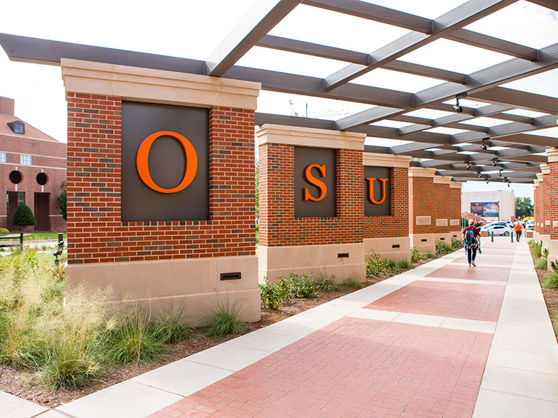 The Welcome Plaza Walkway and OSU Pillars