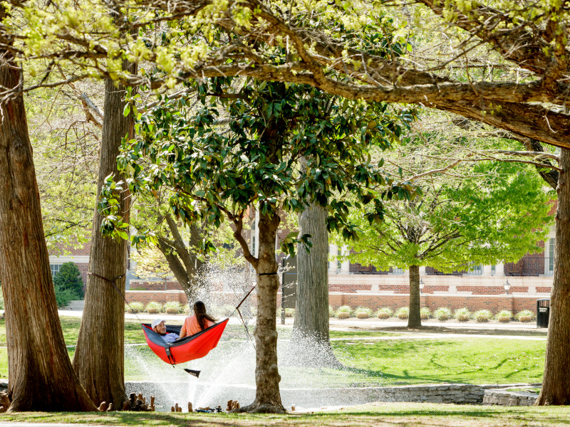 Student laying on hammock at OSU's Theta Pond