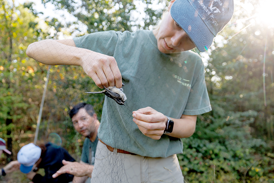 A student holds a bird and examines it